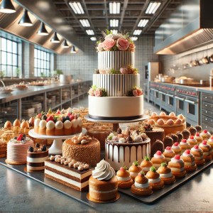 DALL·E 2024-08-28 14.12.17 - A realistic professional kitchen setting featuring a variety of beautifully crafted pastries and cakes on a sleek countertop. The scene includes items
